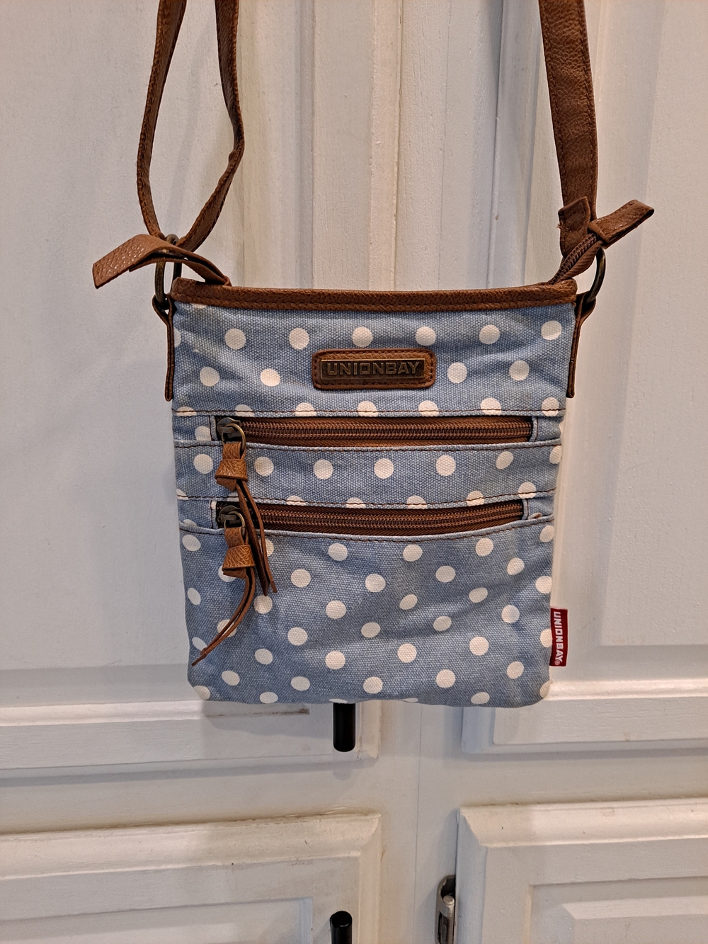 Unionbay Blue Canvas White Polka Dot Hipster Whimsical Minimalist Crossbody Bag